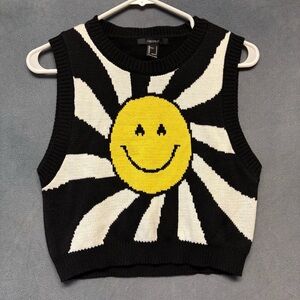 Forever 21 Black and White Knit Vest Happy Face Hugs Hippy Cottage Hippie